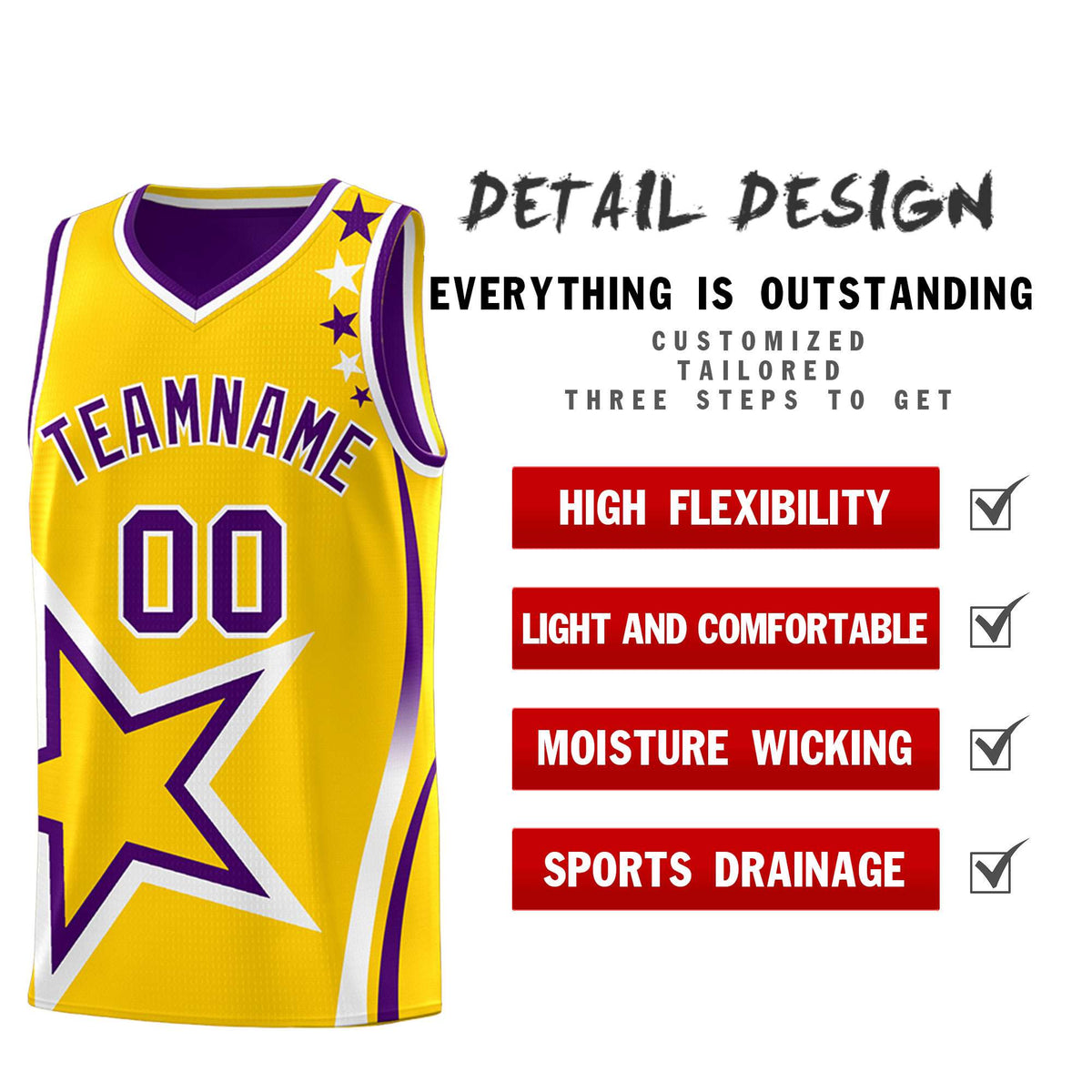 Custom Purple Gold Reversible Color Block Start Pattern Sports Uniform Basketball Jersey Kits