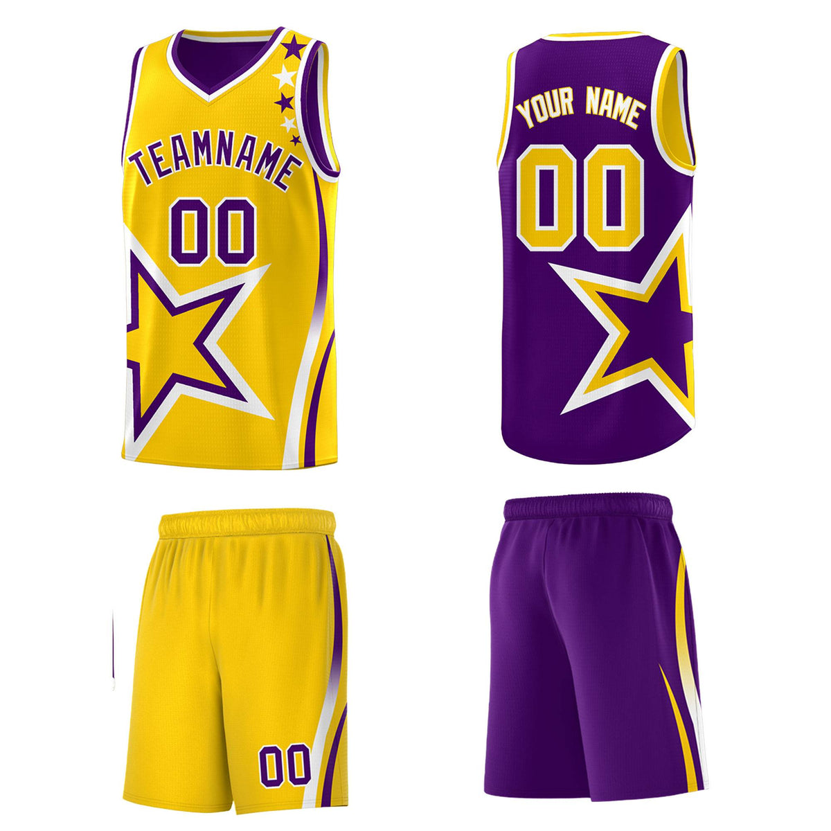 Custom Purple Gold Reversible Color Block Start Pattern Sports Uniform Basketball Jersey Kits