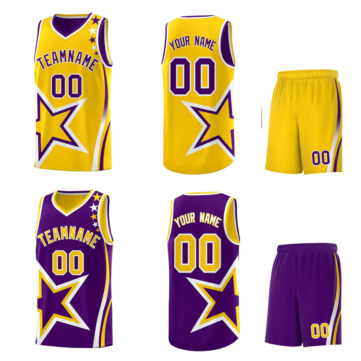 Custom Purple Gold Reversible Color Block Start Pattern Sports Uniform Basketball Jersey Kits
