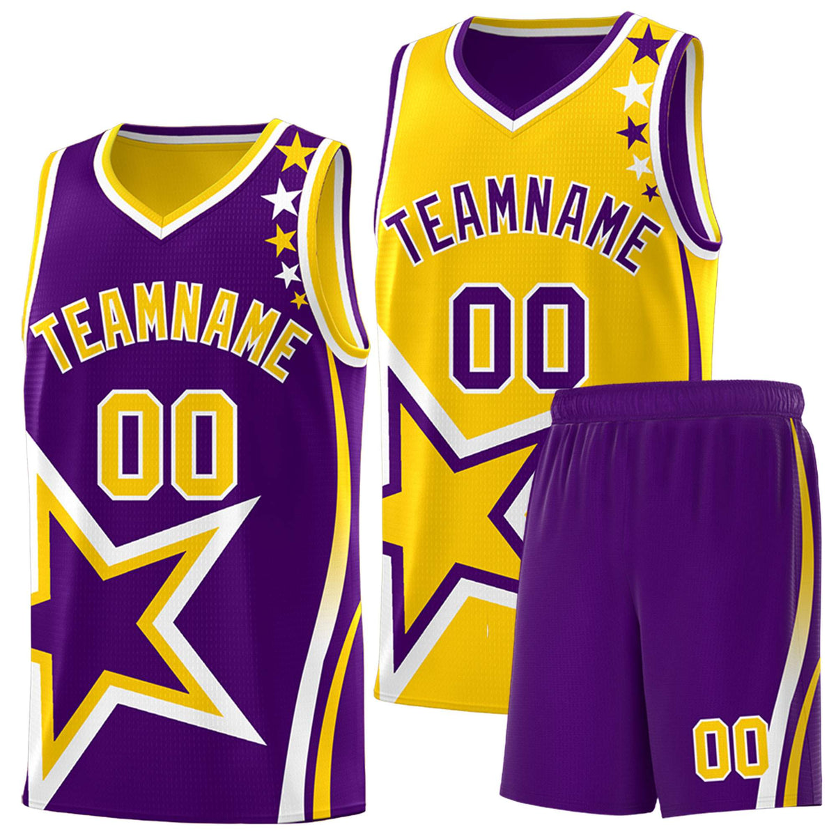 Custom Purple Gold Reversible Color Block Start Pattern Sports Uniform Basketball Jersey Kits