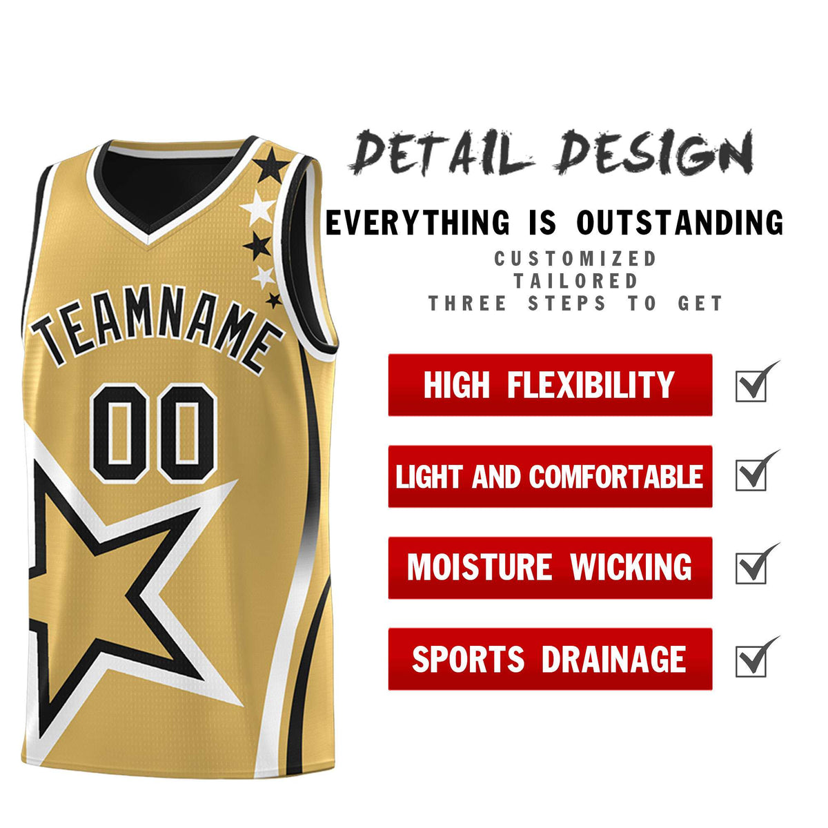 Custom Black Old Gold Reversible Color Block Start Pattern Sports Uniform Basketball Jersey Kits