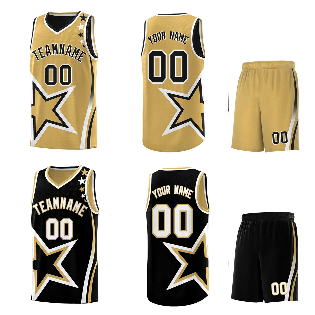 Custom Black Old Gold Reversible Color Block Start Pattern Sports Uniform Basketball Jersey Kits