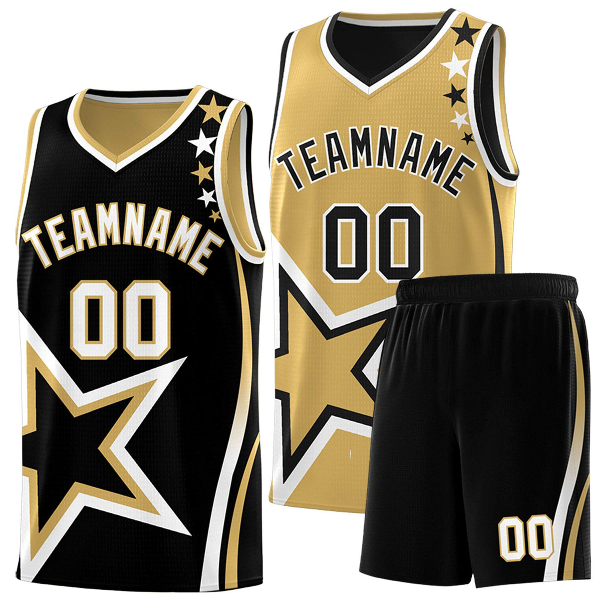 Custom Black Old Gold Reversible Color Block Start Pattern Sports Uniform Basketball Jersey Kits