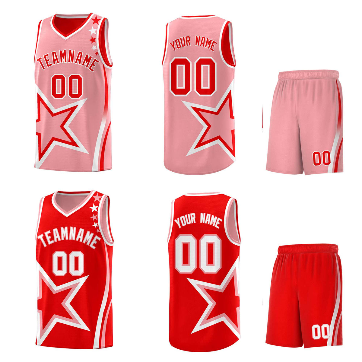 Custom Red Light Red Reversible Color Block Start Pattern Sports Uniform Basketball Jersey Kits