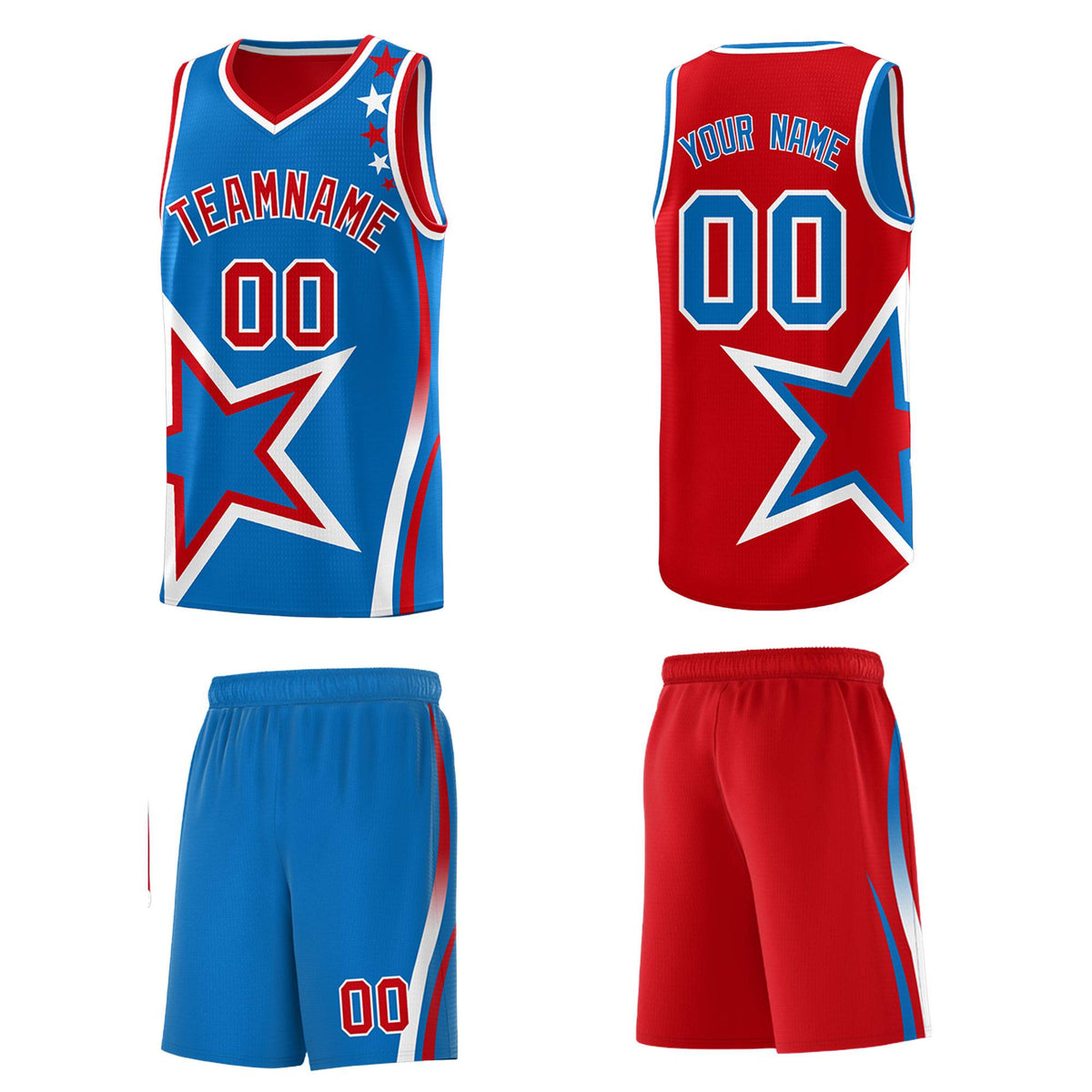 Custom Red Royal Reversible Color Block Start Pattern Sports Uniform Basketball Jersey Kits