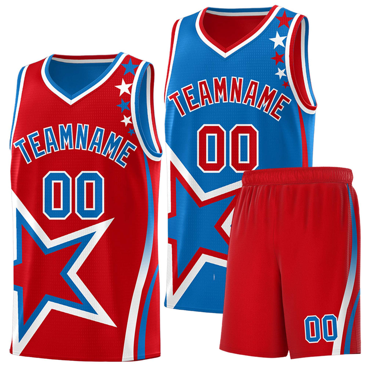 Custom Red Royal Reversible Color Block Start Pattern Sports Uniform Basketball Jersey Kits