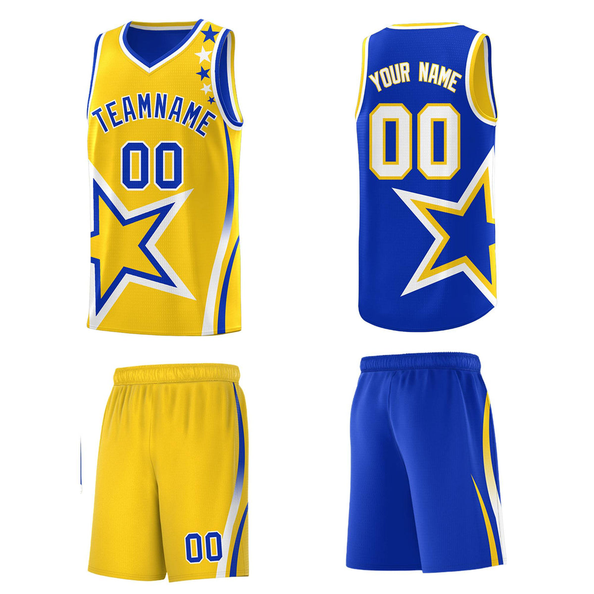 Custom Royal Gold Reversible Color Block Start Pattern Sports Uniform Basketball Jersey Kits