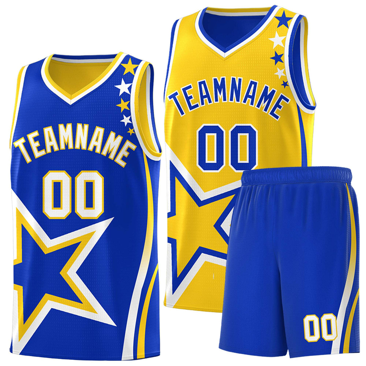 Custom Royal Gold Reversible Color Block Start Pattern Sports Uniform Basketball Jersey Kits