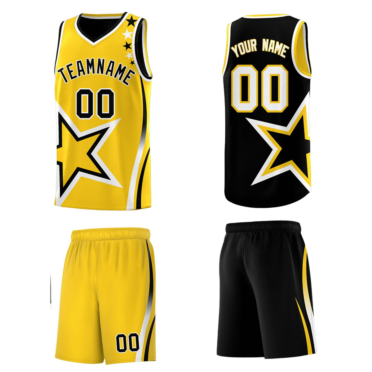 Custom Black Gold Reversible Color Block Start Pattern Sports Uniform Basketball Jersey Kits