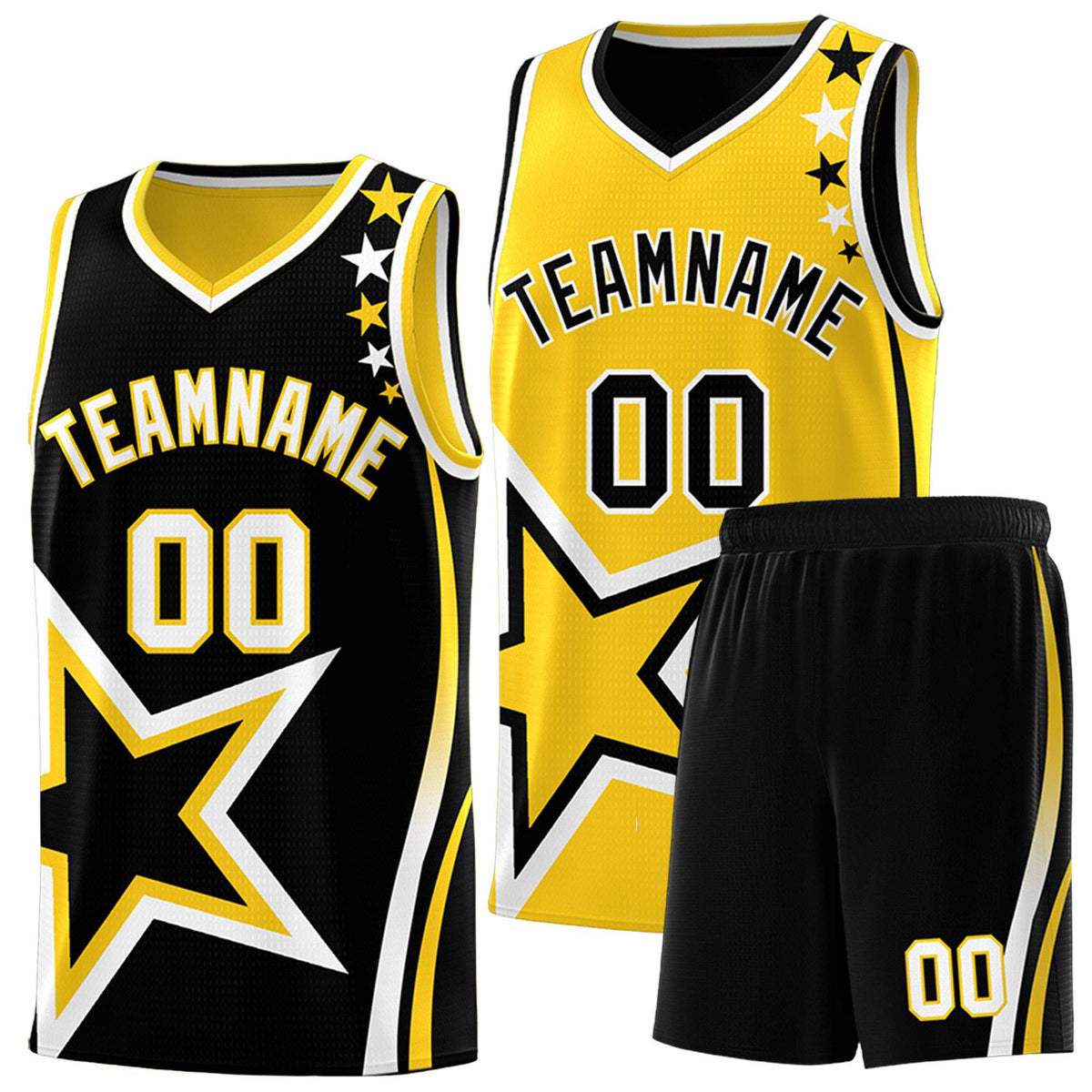 Custom Black Gold Reversible Color Block Start Pattern Sports Uniform Basketball Jersey Kits