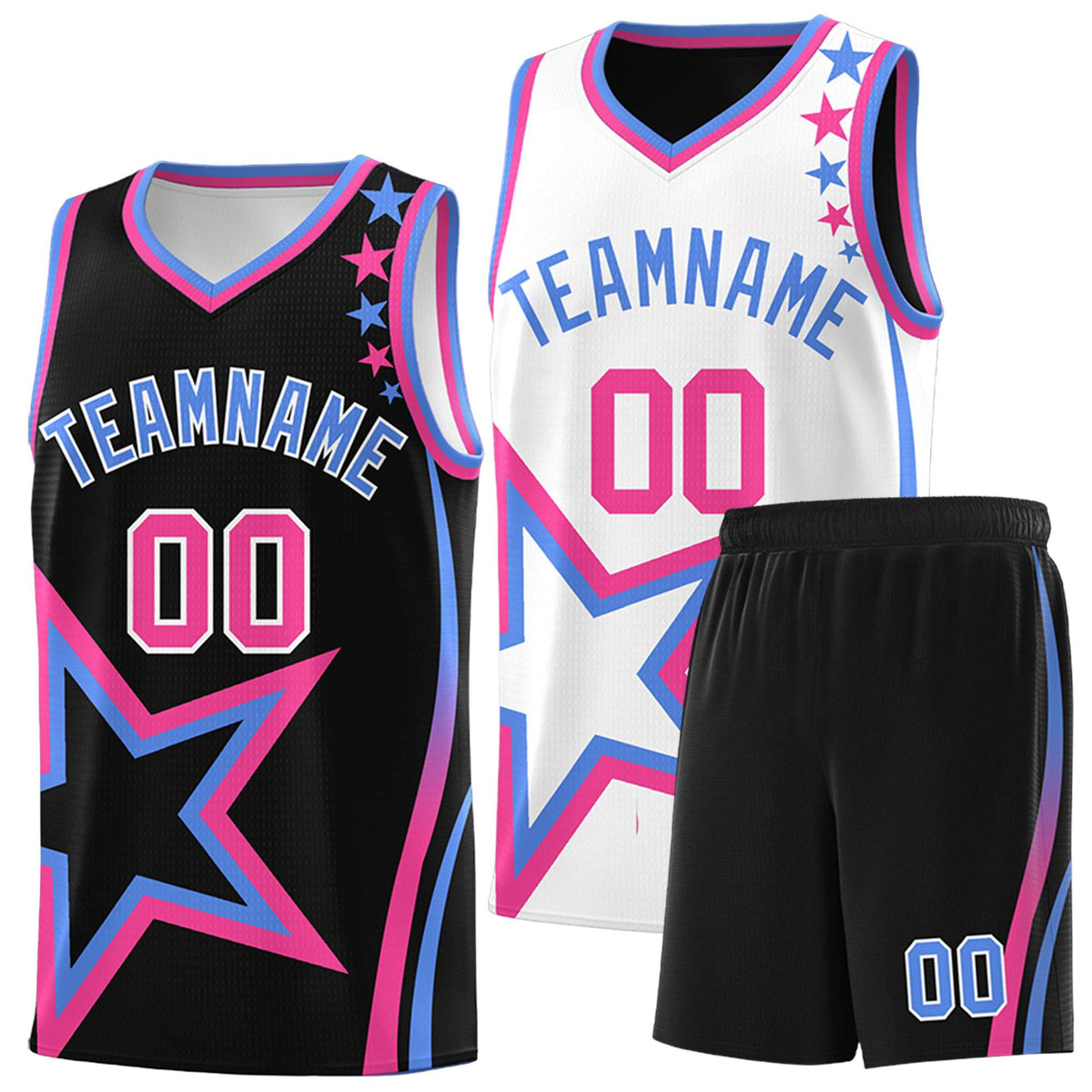 Custom Black White Reversible Color Block Start Pattern Sports Uniform Basketball Jersey Kits
