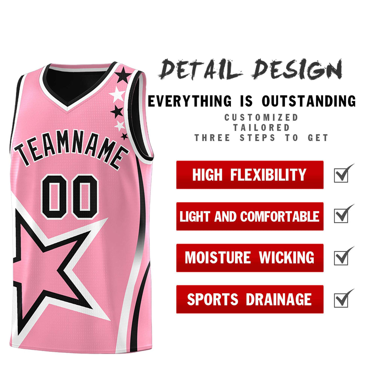 Custom Black Light Pink Reversible Color Block Start Pattern Sports Uniform Basketball Jersey Kits
