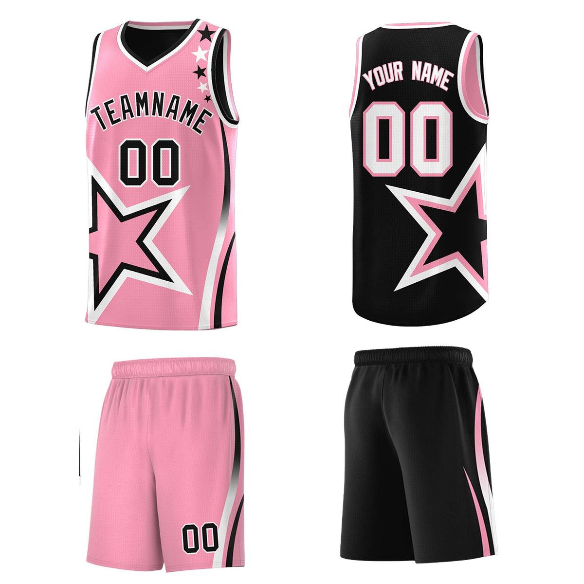 Custom Black Light Pink Reversible Color Block Start Pattern Sports Uniform Basketball Jersey Kits