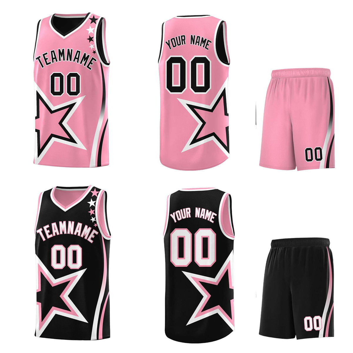 Custom Black Light Pink Reversible Color Block Start Pattern Sports Uniform Basketball Jersey Kits