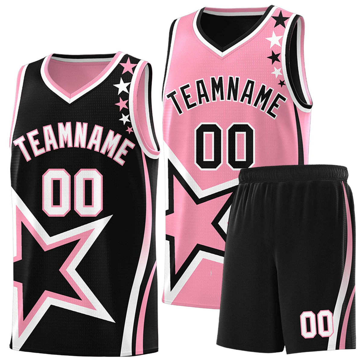 Custom Black Light Pink Reversible Color Block Start Pattern Sports Uniform Basketball Jersey Kits