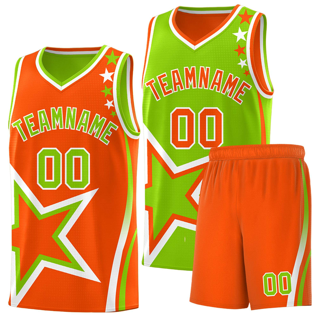 Custom Orange Neon Green Reversible Color Block Start Pattern Sports Uniform Basketball Jersey Kits