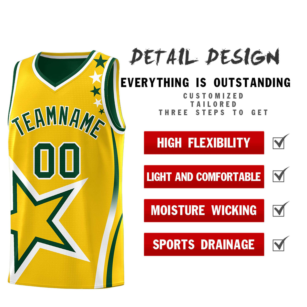 Custom Green Gold Reversible Color Block Start Pattern Sports Uniform Basketball Jersey Kits