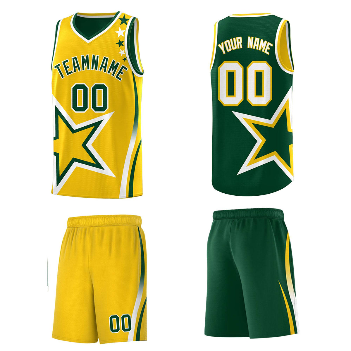 Custom Green Gold Reversible Color Block Start Pattern Sports Uniform Basketball Jersey Kits