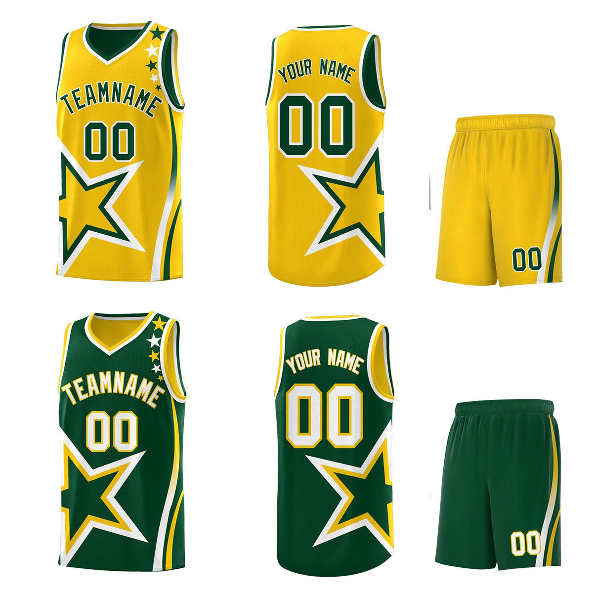Custom Green Gold Reversible Color Block Start Pattern Sports Uniform Basketball Jersey Kits