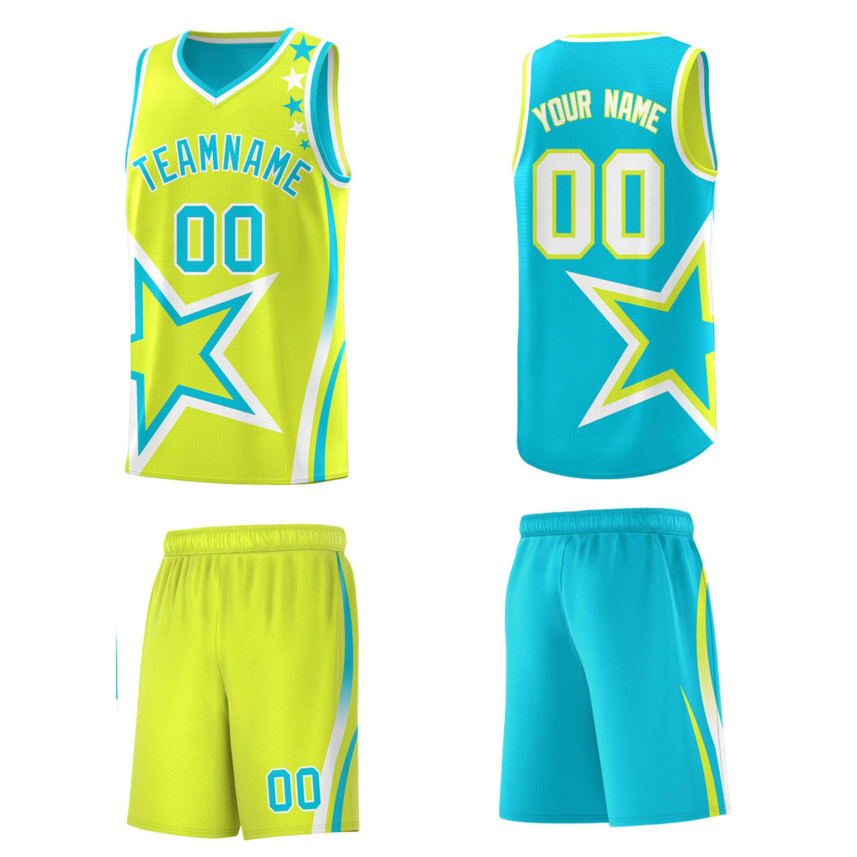 Custom Sky Blue Fluorescent Green Reversible Color Block Start Pattern Sports Uniform Basketball Jersey Kits