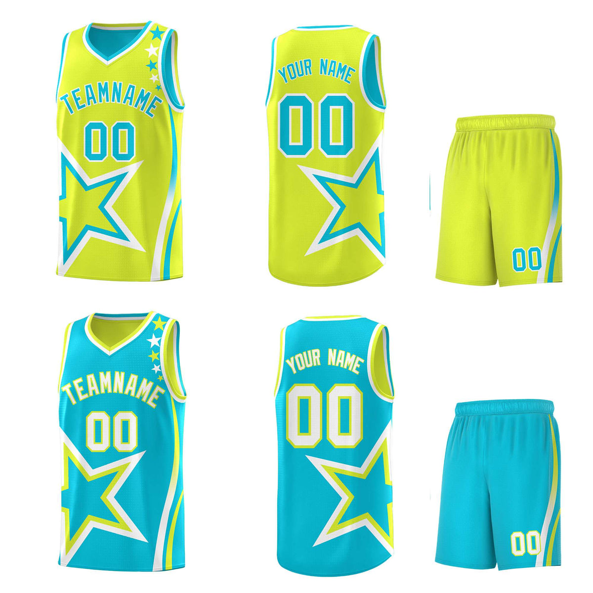 Custom Sky Blue Fluorescent Green Reversible Color Block Start Pattern Sports Uniform Basketball Jersey Kits