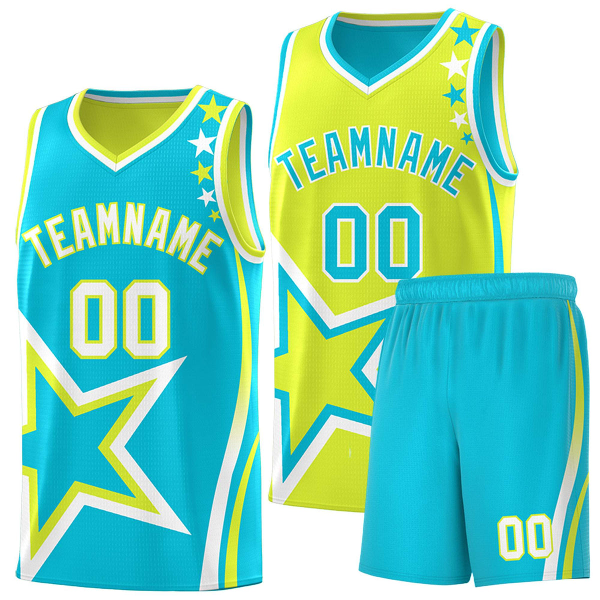 Custom Sky Blue Fluorescent Green Reversible Color Block Start Pattern Sports Uniform Basketball Jersey Kits