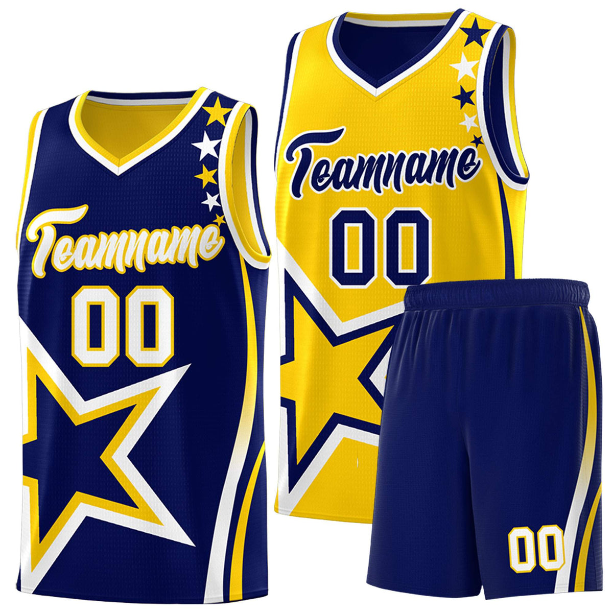 Custom Navy Gold Reversible Color Block Start Pattern Sports Uniform Basketball Jersey Kits
