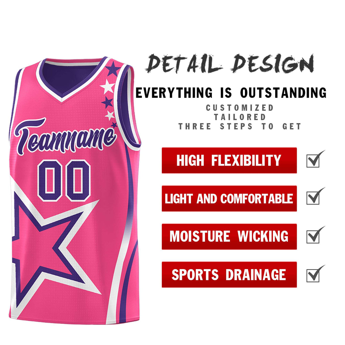 Custom Purple Pink Reversible Color Block Start Pattern Sports Uniform Basketball Jersey Kits