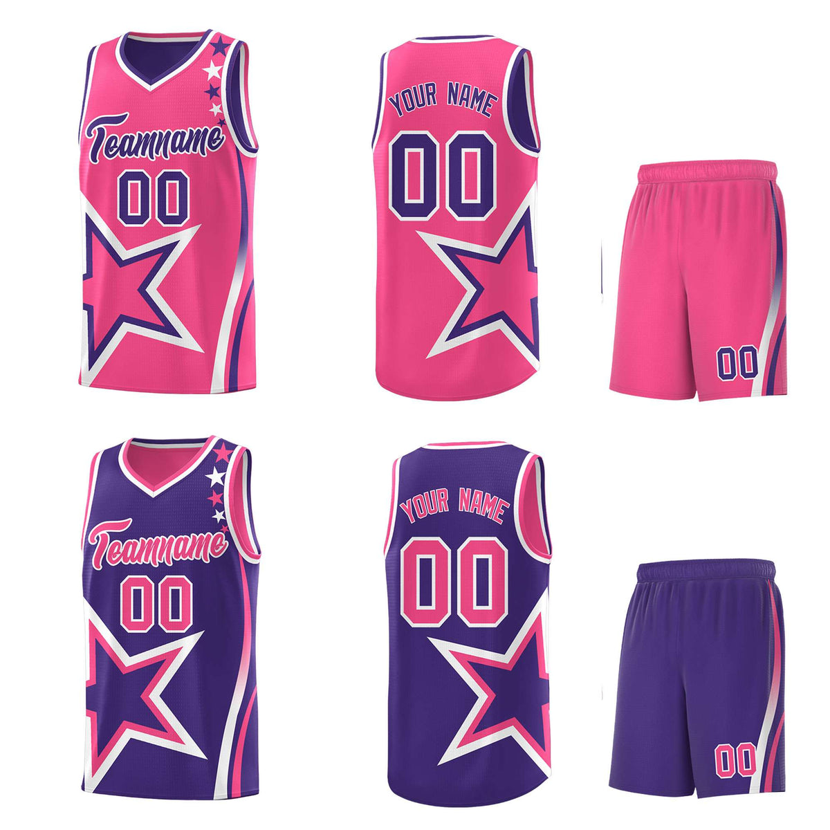 Custom Purple Pink Reversible Color Block Start Pattern Sports Uniform Basketball Jersey Kits