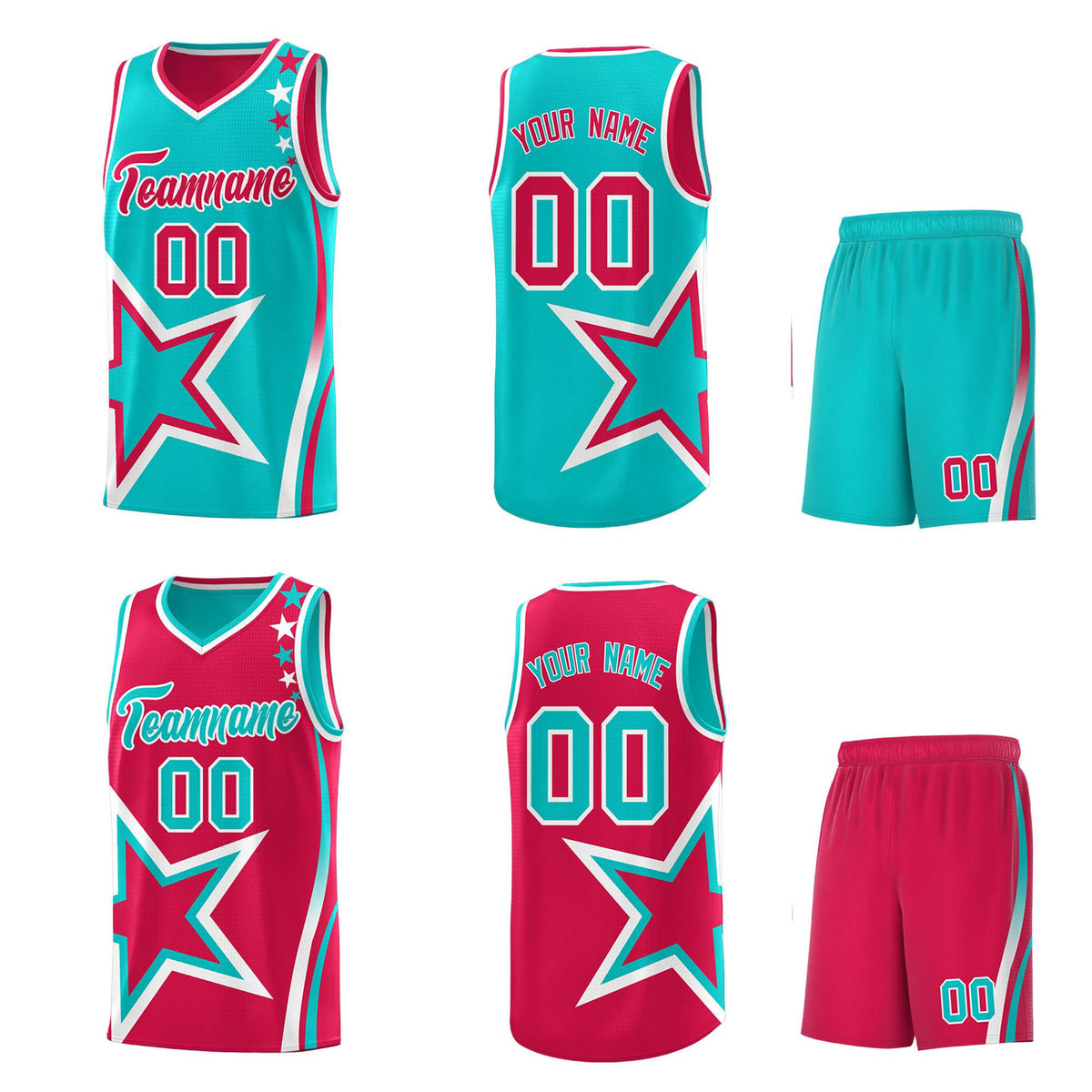 Custom Red Bright Green Reversible Color Block Start Pattern Sports Uniform Basketball Jersey Kits