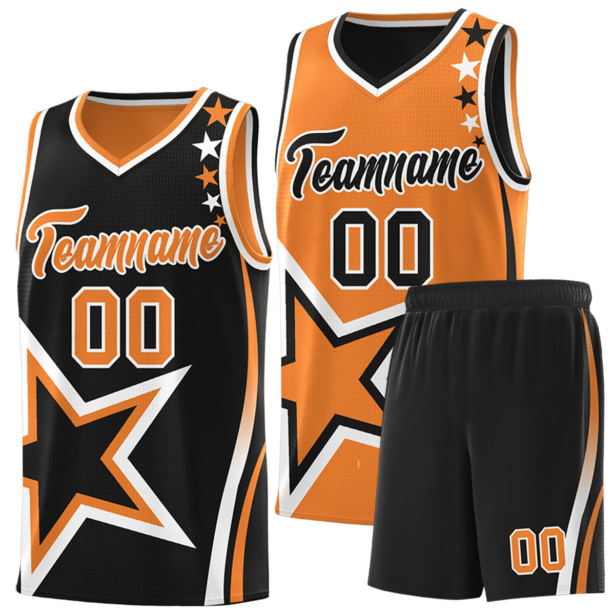 Custom Black Orange Reversible Color Block Start Pattern Sports Uniform Basketball Jersey Kits