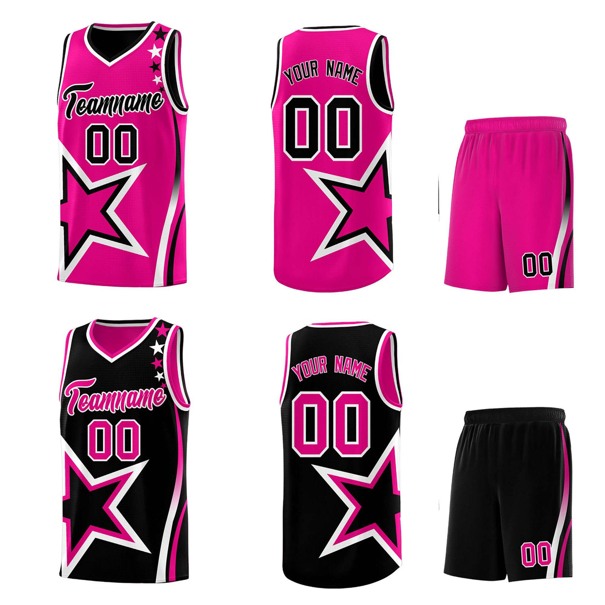 Custom Black Rose red Reversible Color Block Start Pattern Sports Uniform Basketball Jersey Kits
