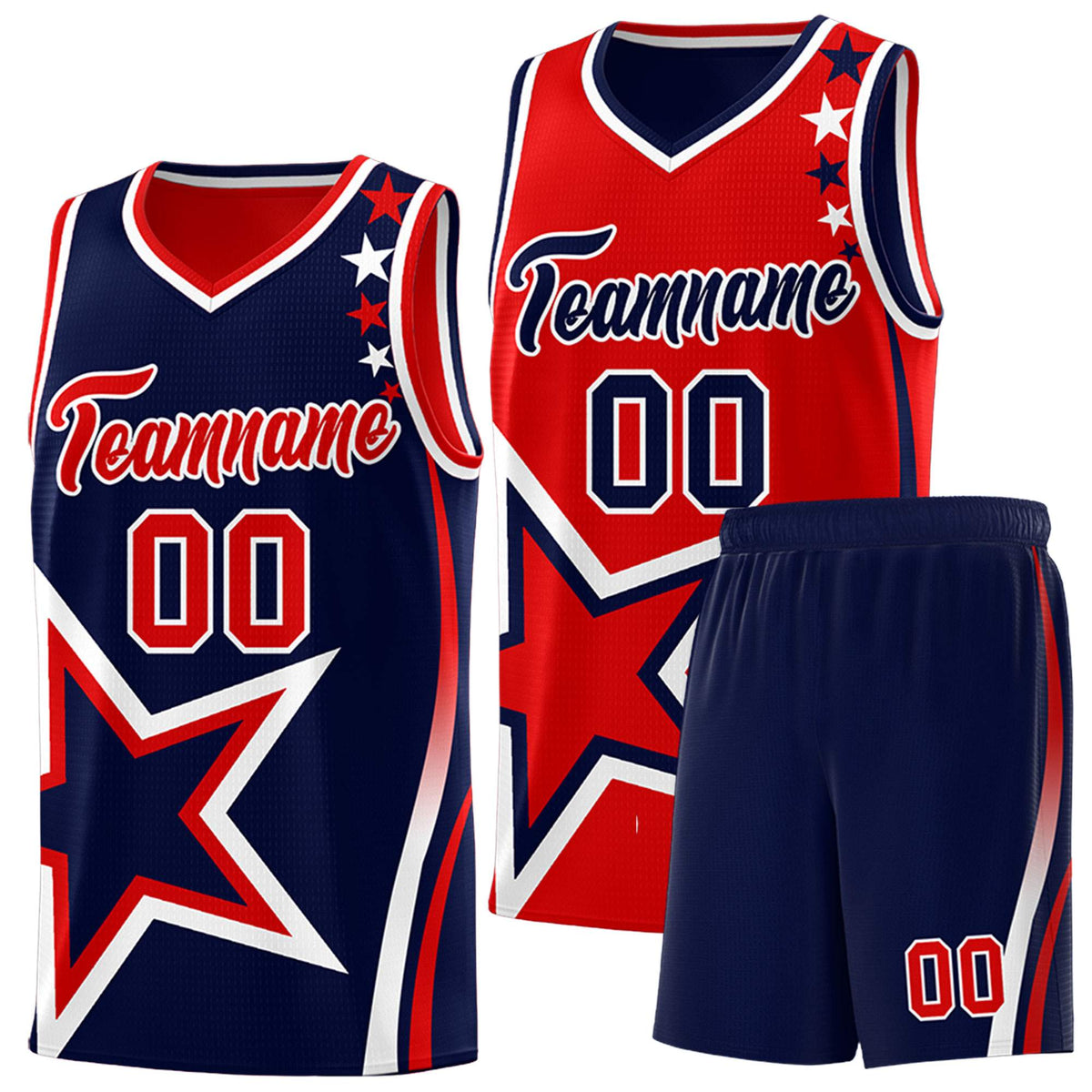Custom Navy Red Reversible Color Block Start Pattern Sports Uniform Basketball Jersey Kits