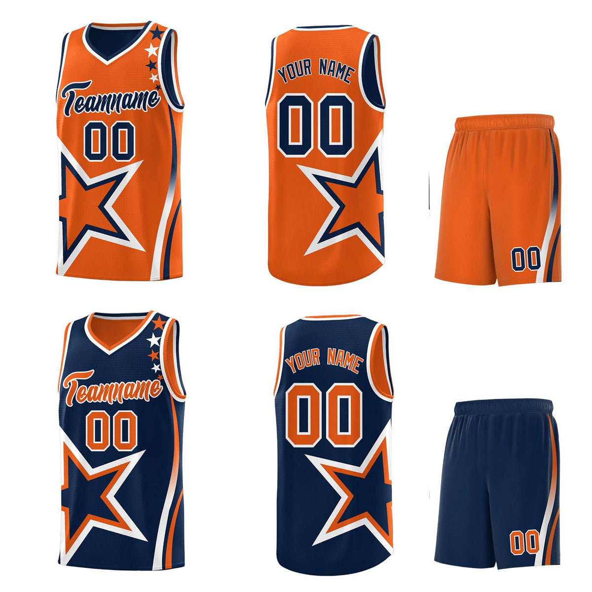 Custom Navy Orange Reversible Color Block Start Pattern Sports Uniform Basketball Jersey Kits