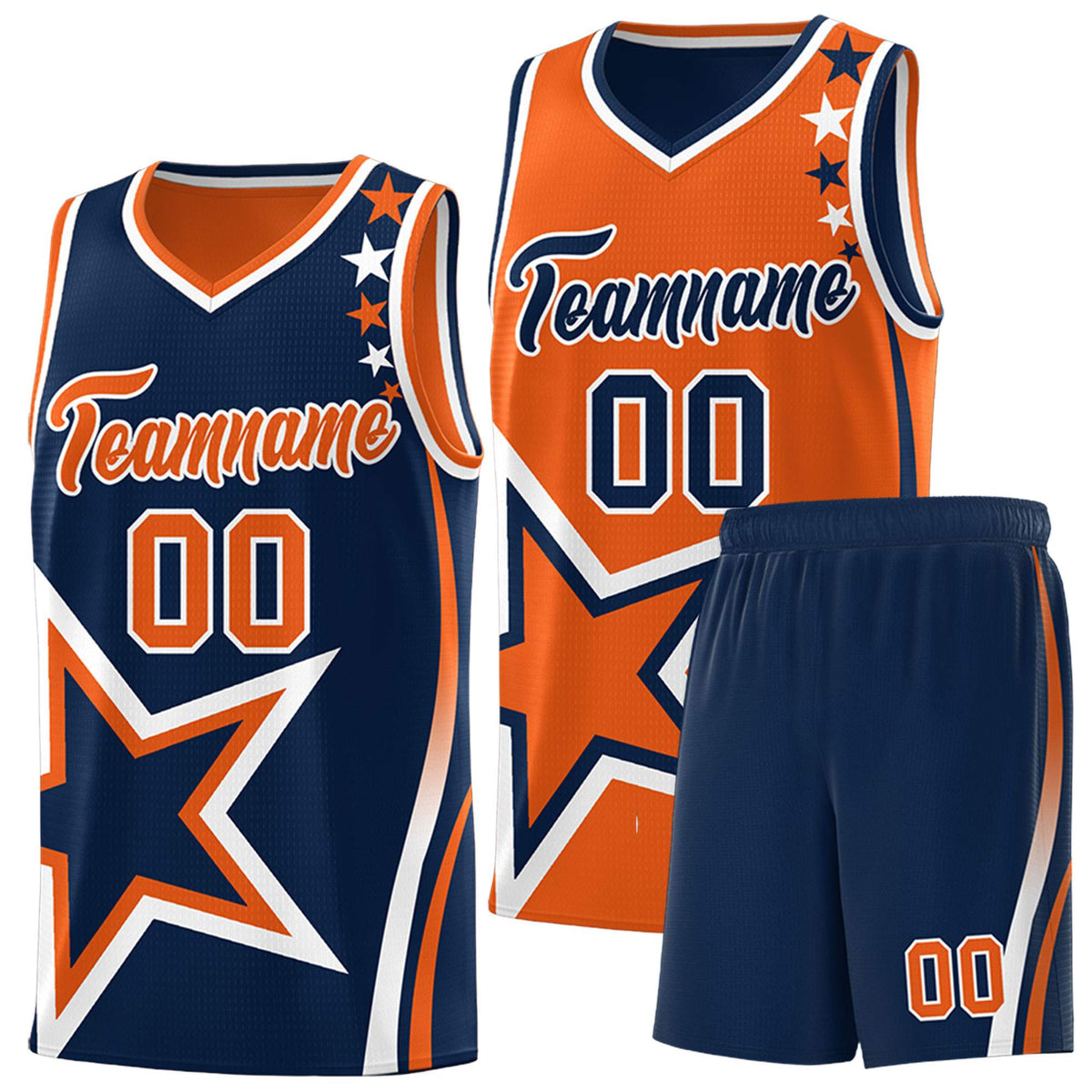 Custom Navy Orange Reversible Color Block Start Pattern Sports Uniform Basketball Jersey Kits