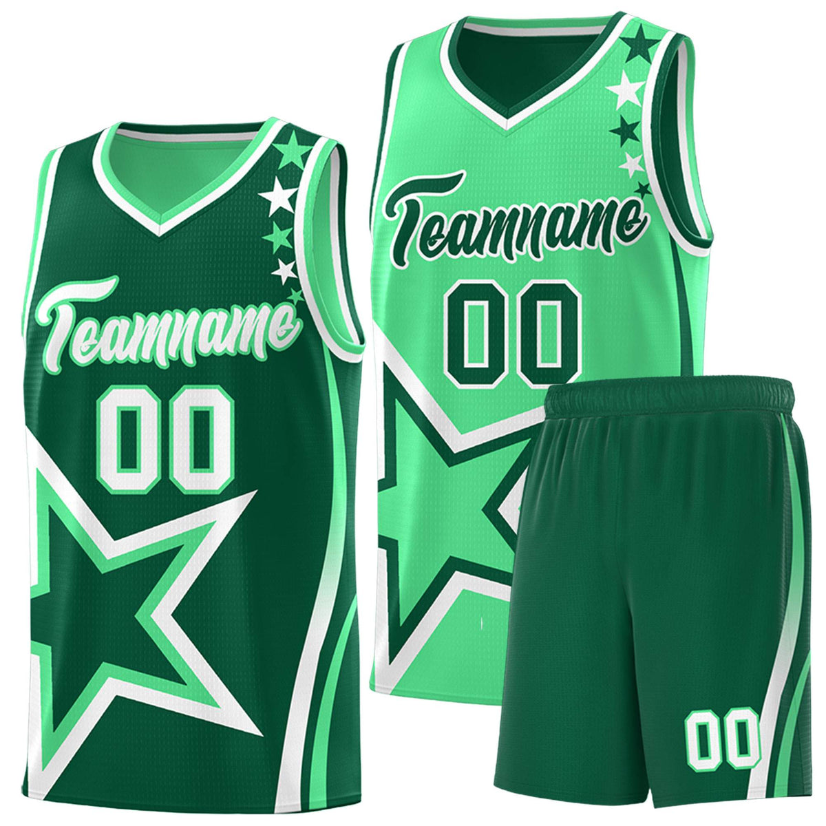 Custom Green Light Green Reversible Color Block Start Pattern Sports Uniform Basketball Jersey Kits