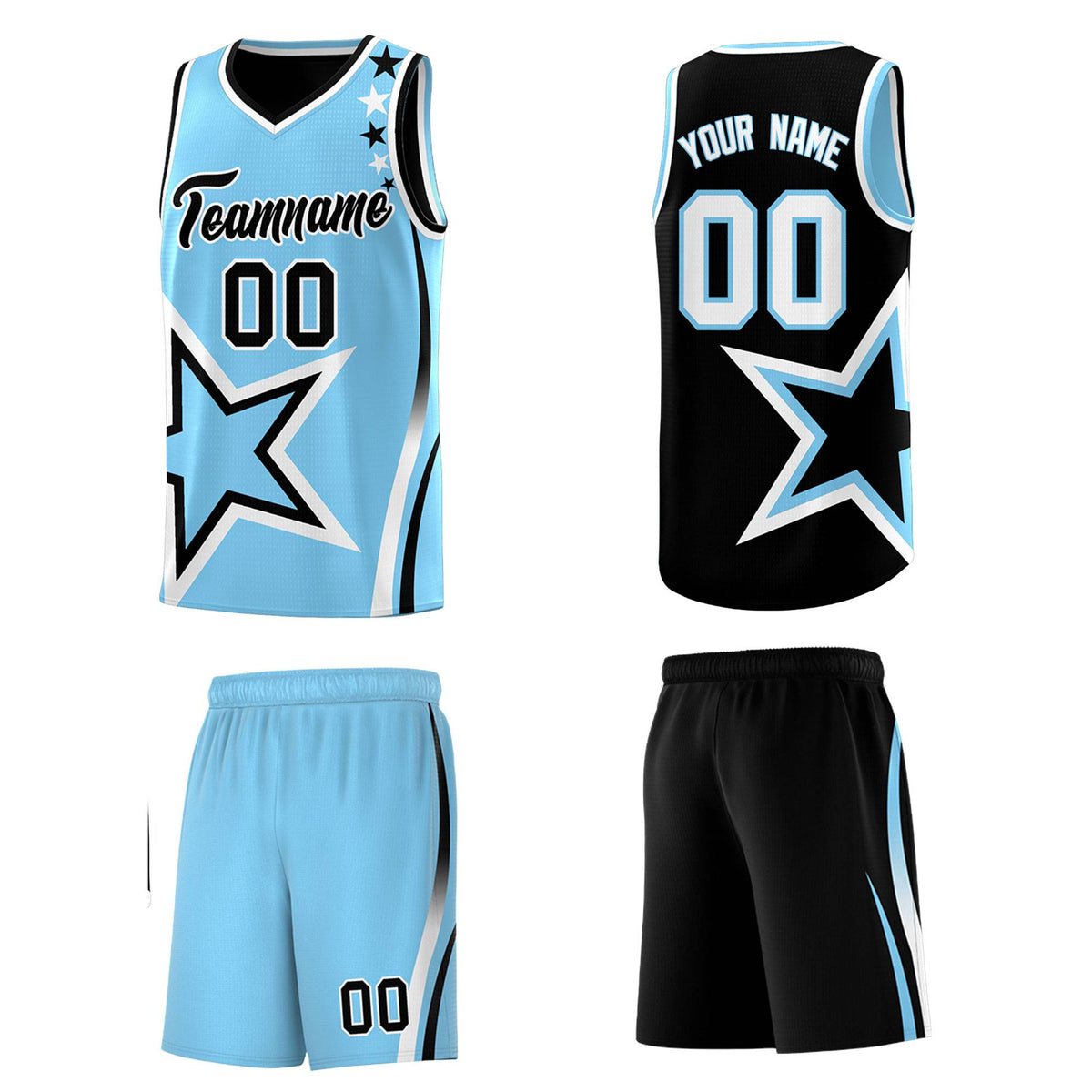 Custom Black Powder Blue Reversible Color Block Start Pattern Sports Uniform Basketball Jersey Kits
