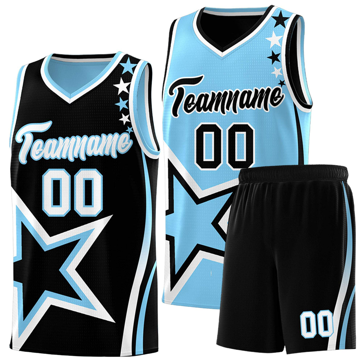Custom Black Powder Blue Reversible Color Block Start Pattern Sports Uniform Basketball Jersey Kits
