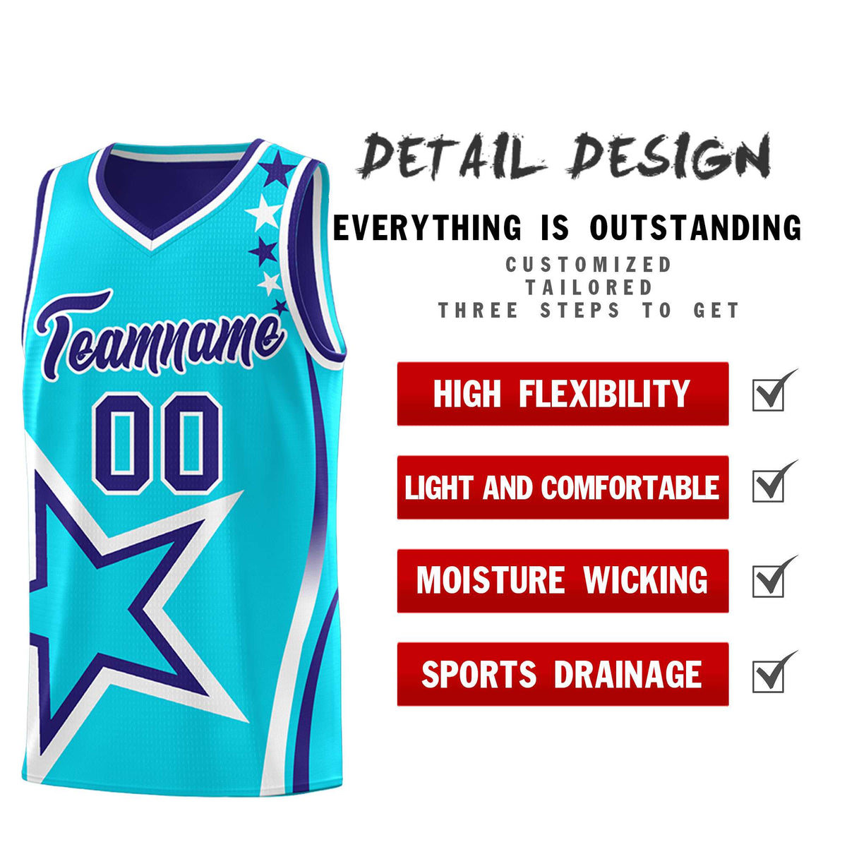 Custom Royal Light Blue Reversible Color Block Start Pattern Sports Uniform Basketball Jersey Kits