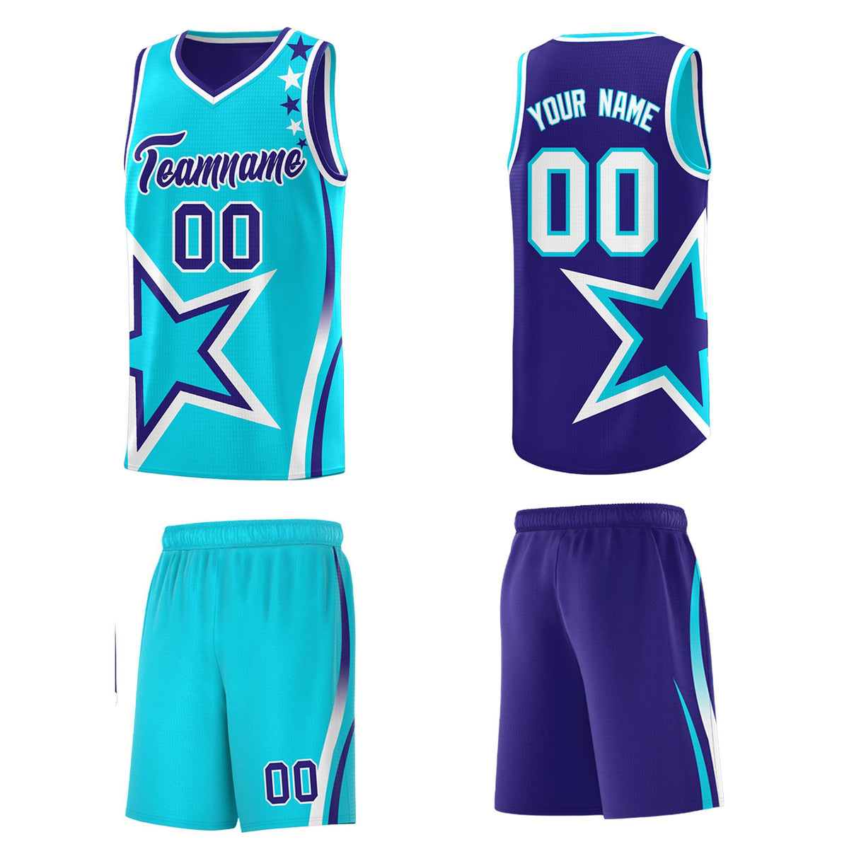Custom Royal Light Blue Reversible Color Block Start Pattern Sports Uniform Basketball Jersey Kits