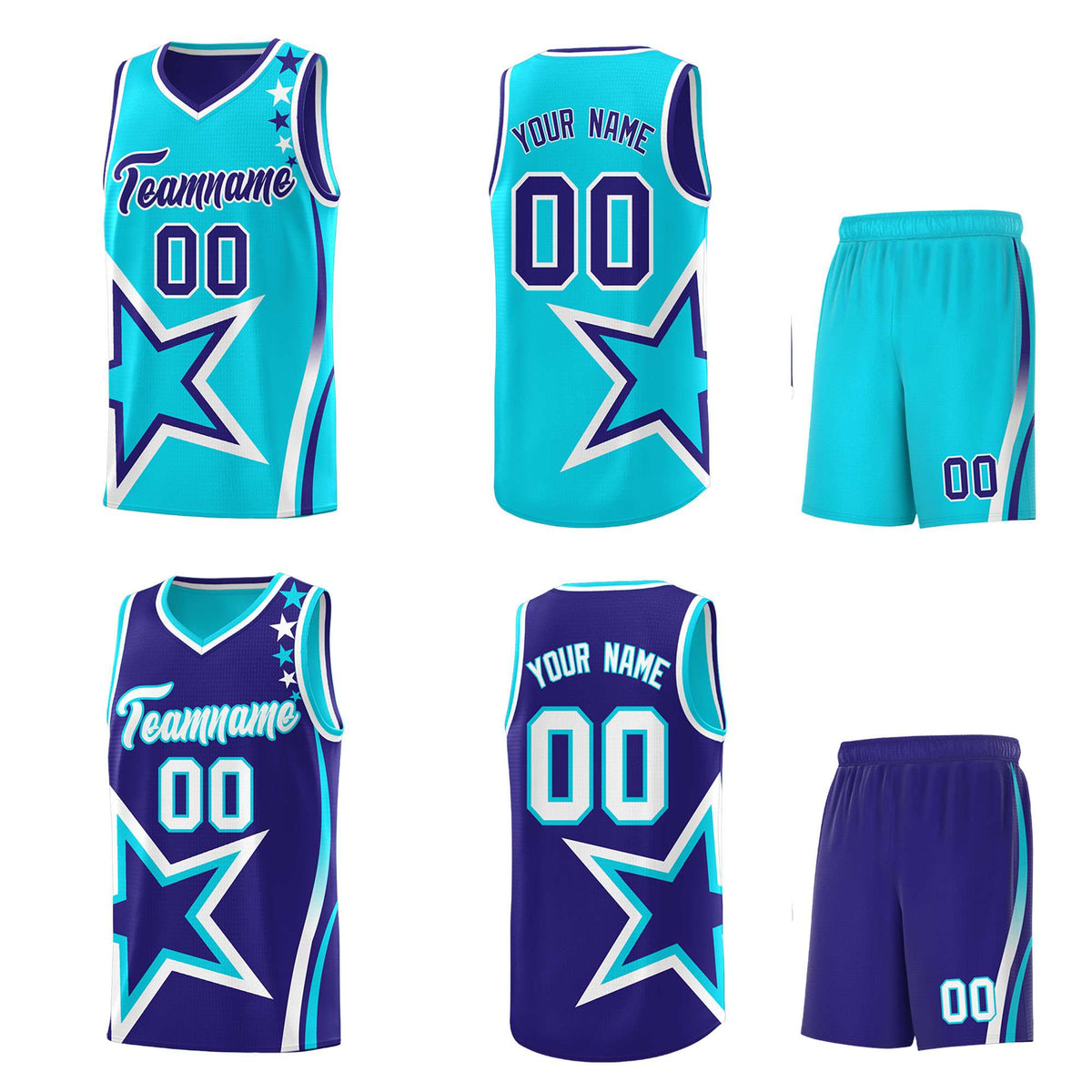 Custom Royal Light Blue Reversible Color Block Start Pattern Sports Uniform Basketball Jersey Kits