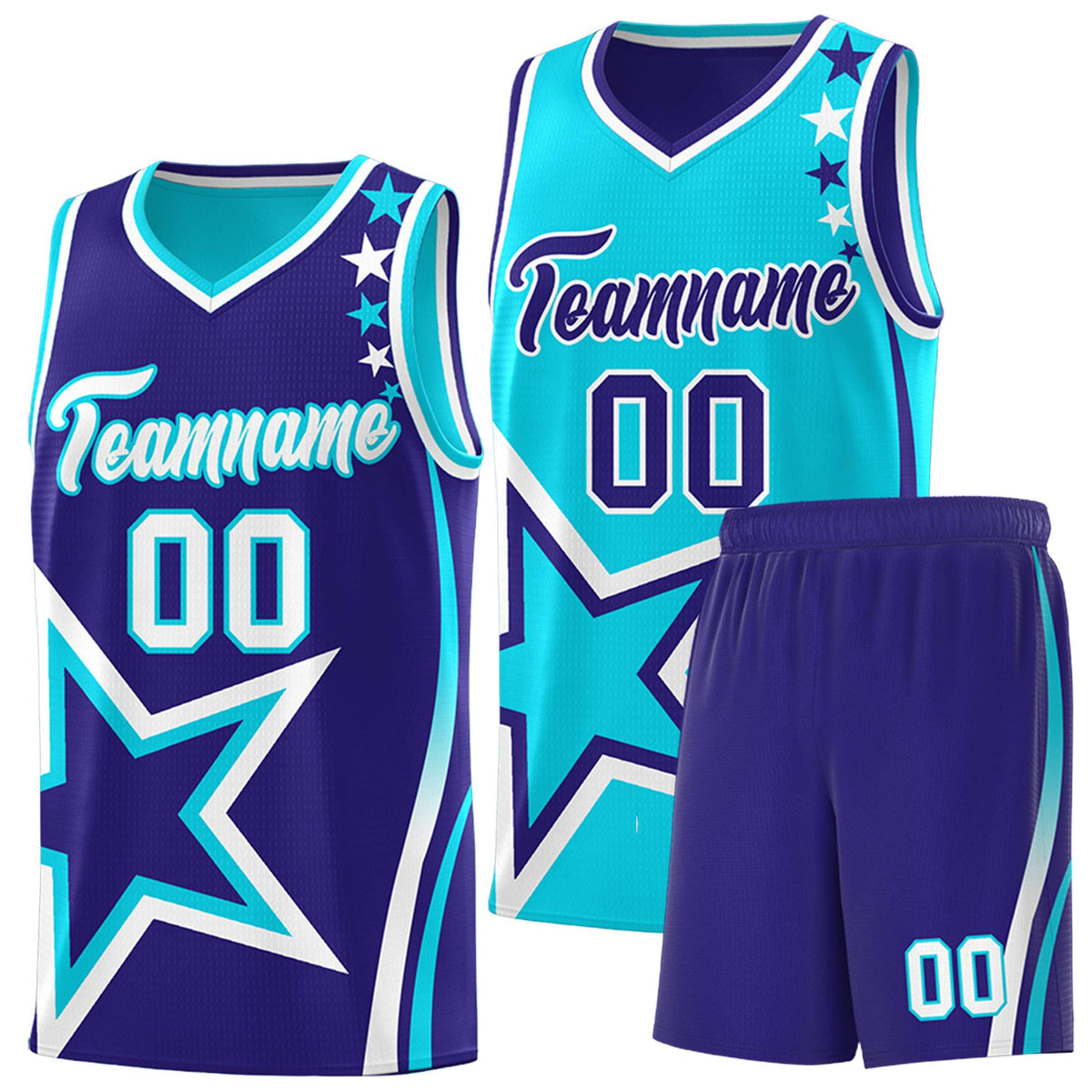 Custom Royal Light Blue Reversible Color Block Start Pattern Sports Uniform Basketball Jersey Kits