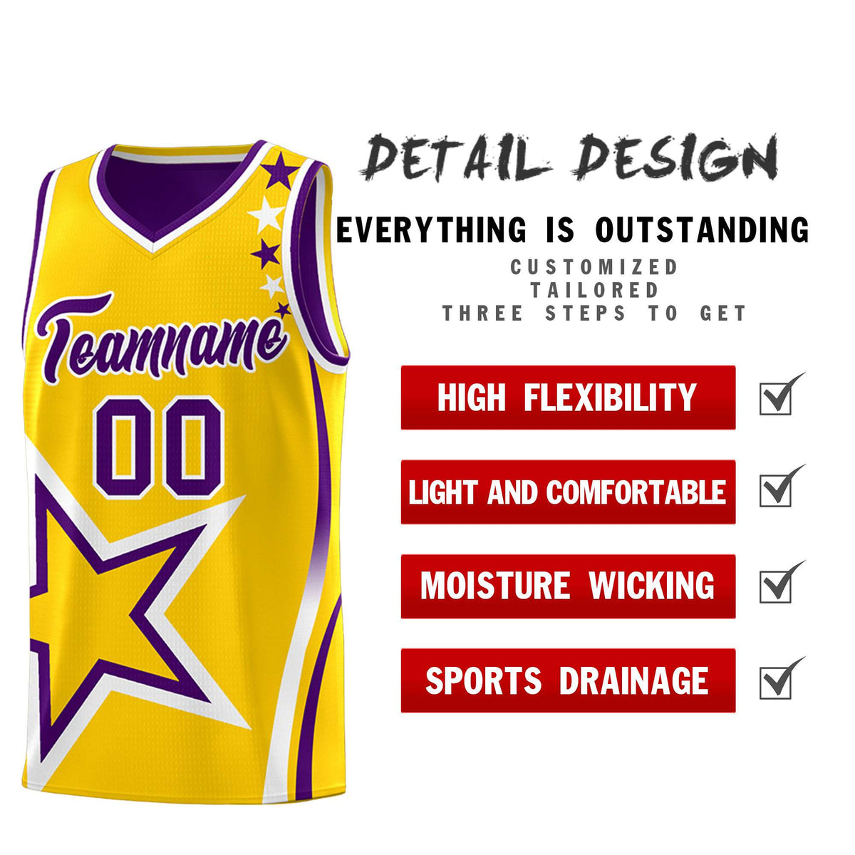 Custom Purple Gold Reversible Color Block Start Pattern Sports Uniform Basketball Jersey Kits