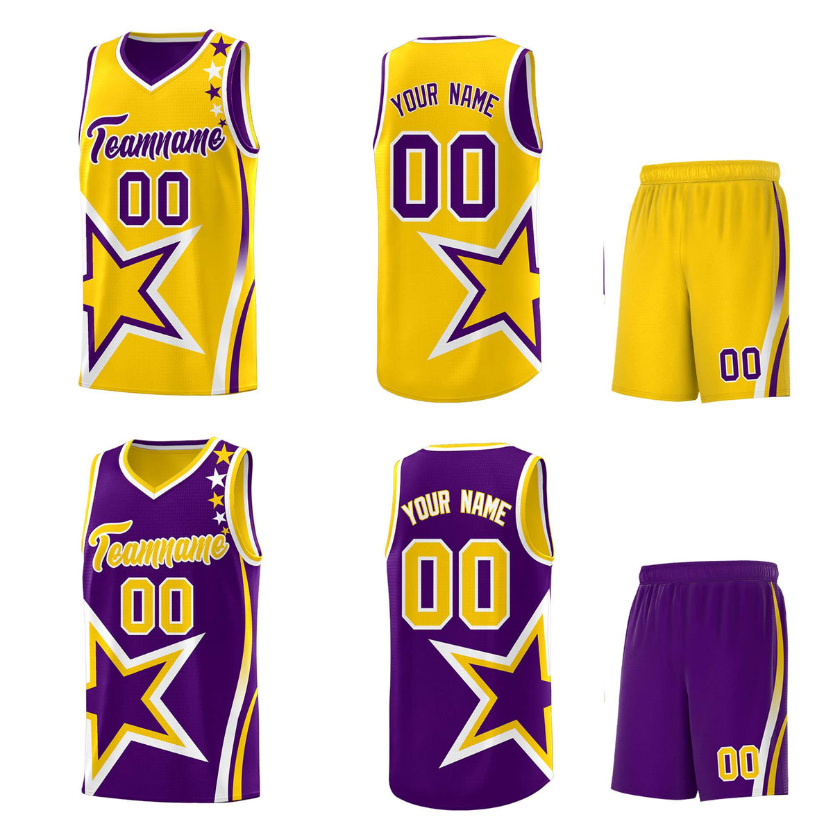 Custom Purple Gold Reversible Color Block Start Pattern Sports Uniform Basketball Jersey Kits