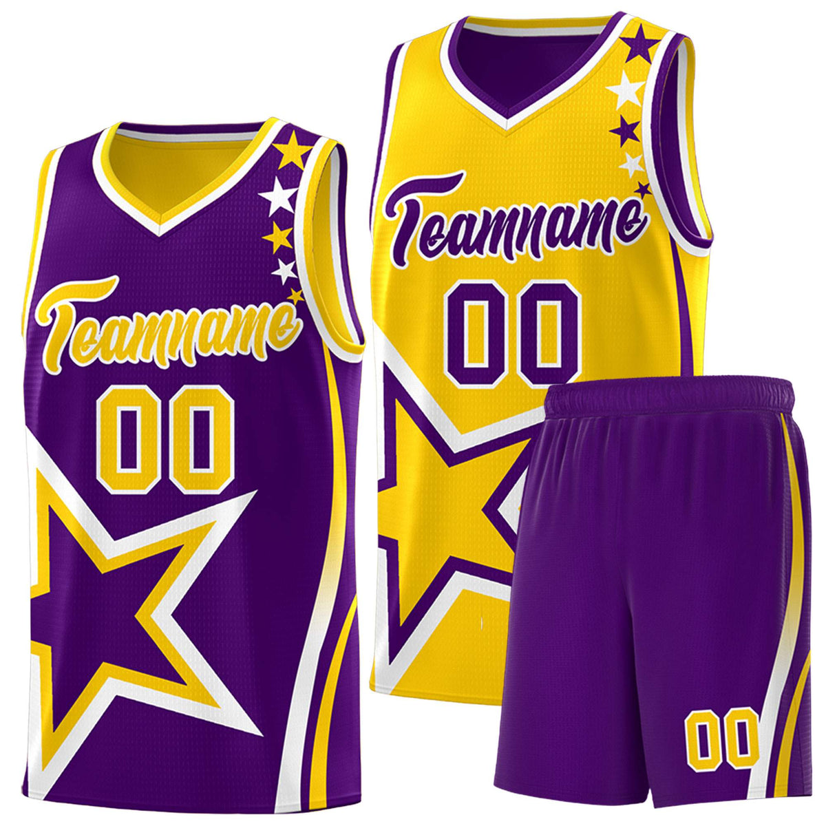 Custom Purple Gold Reversible Color Block Start Pattern Sports Uniform Basketball Jersey Kits