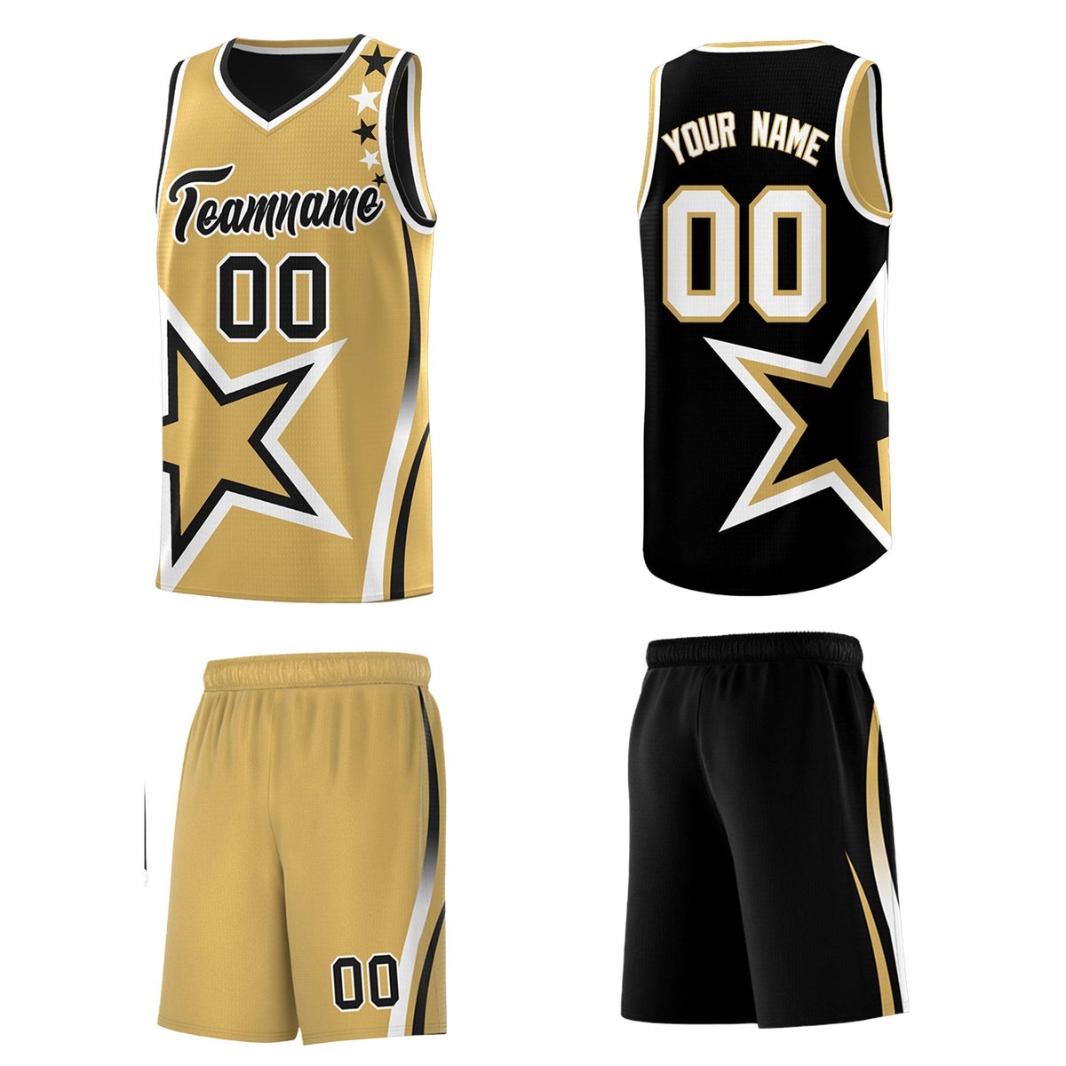Custom Black Old Gold Reversible Color Block Start Pattern Sports Uniform Basketball Jersey Kits