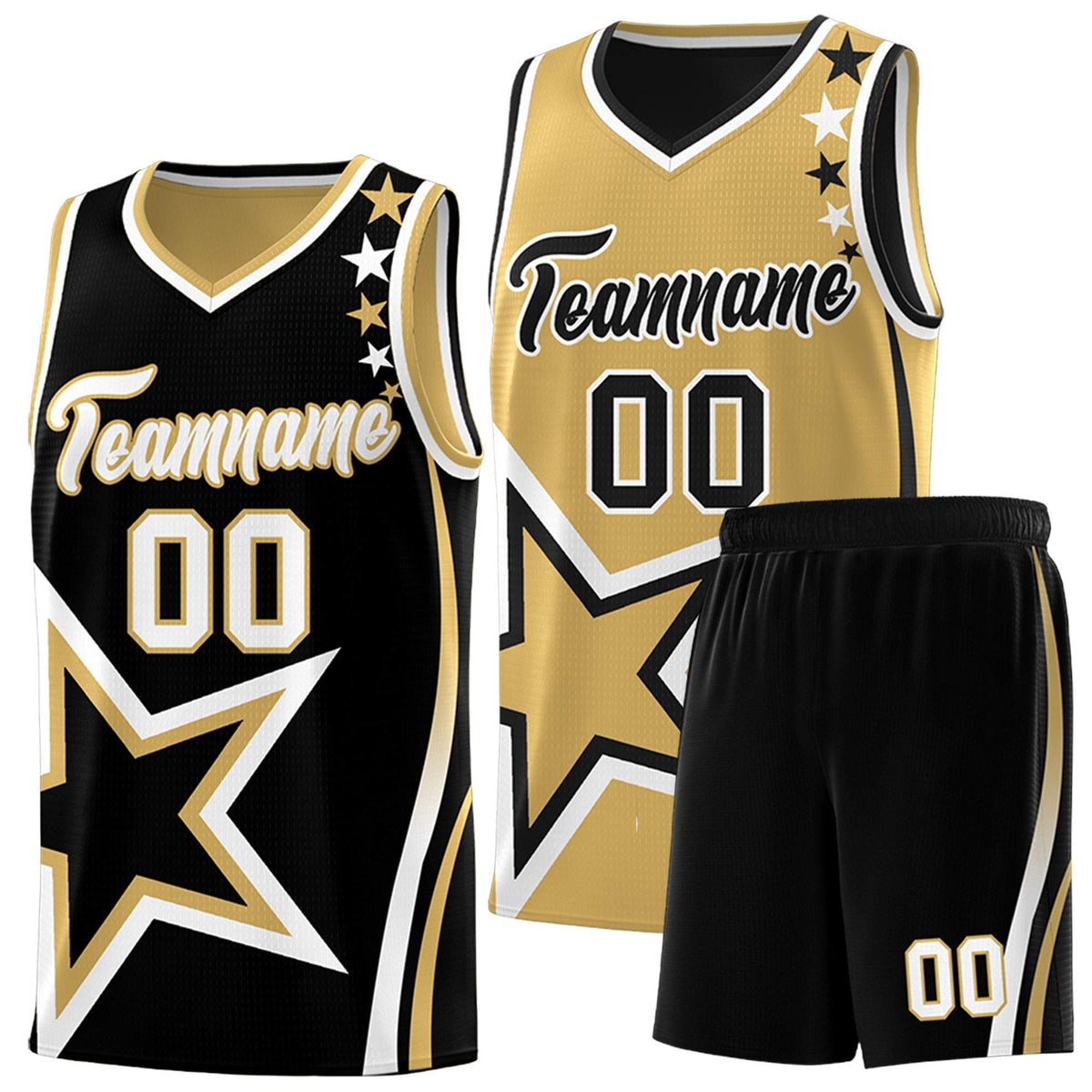 Custom Black Old Gold Reversible Color Block Start Pattern Sports Uniform Basketball Jersey Kits