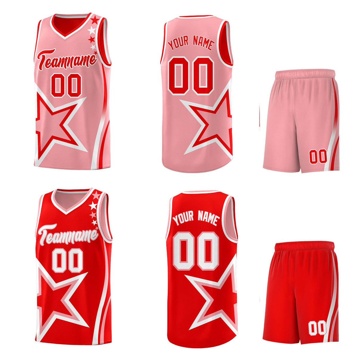 Custom Red Light Red Reversible Color Block Start Pattern Sports Uniform Basketball Jersey Kits