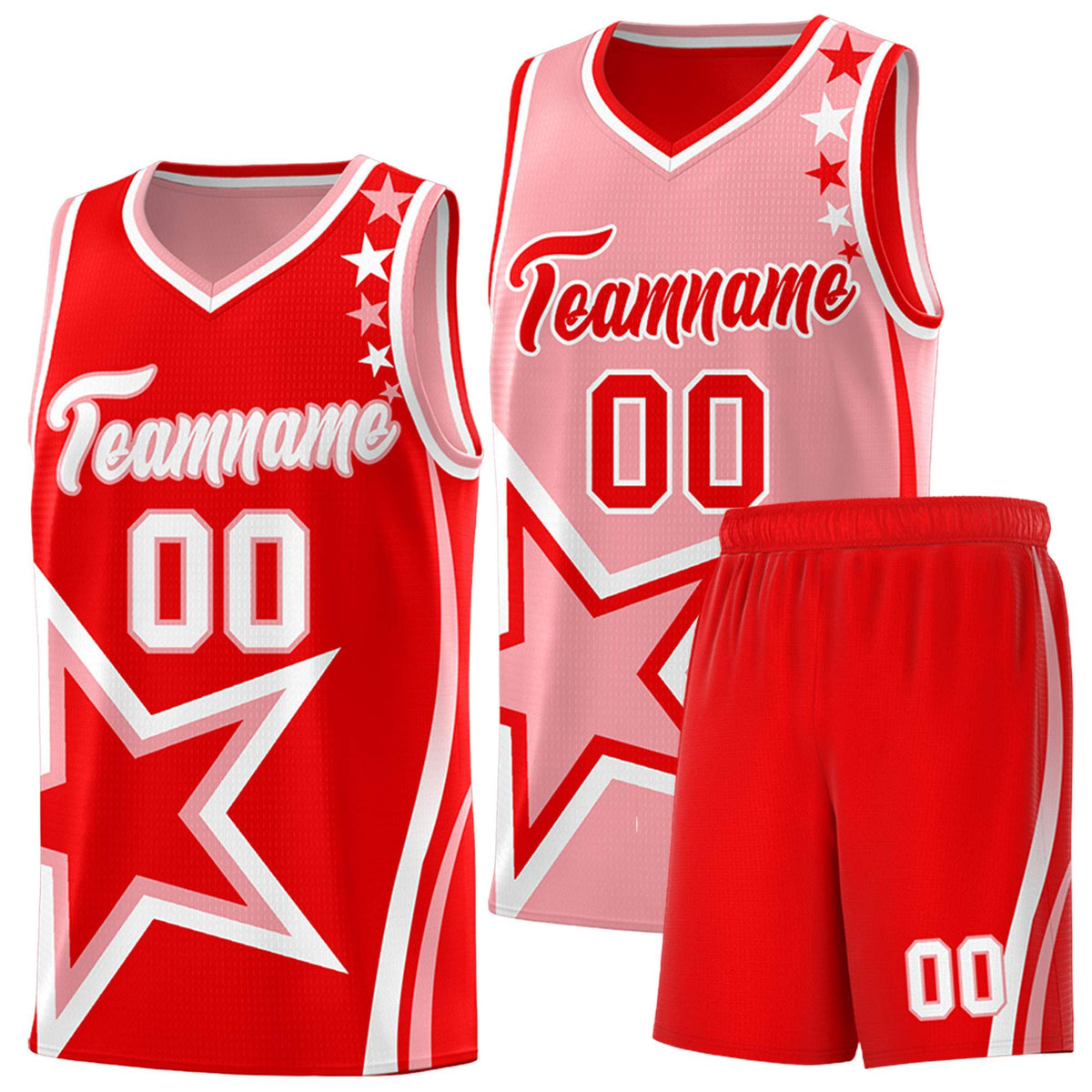 Custom Red Light Red Reversible Color Block Start Pattern Sports Uniform Basketball Jersey Kits