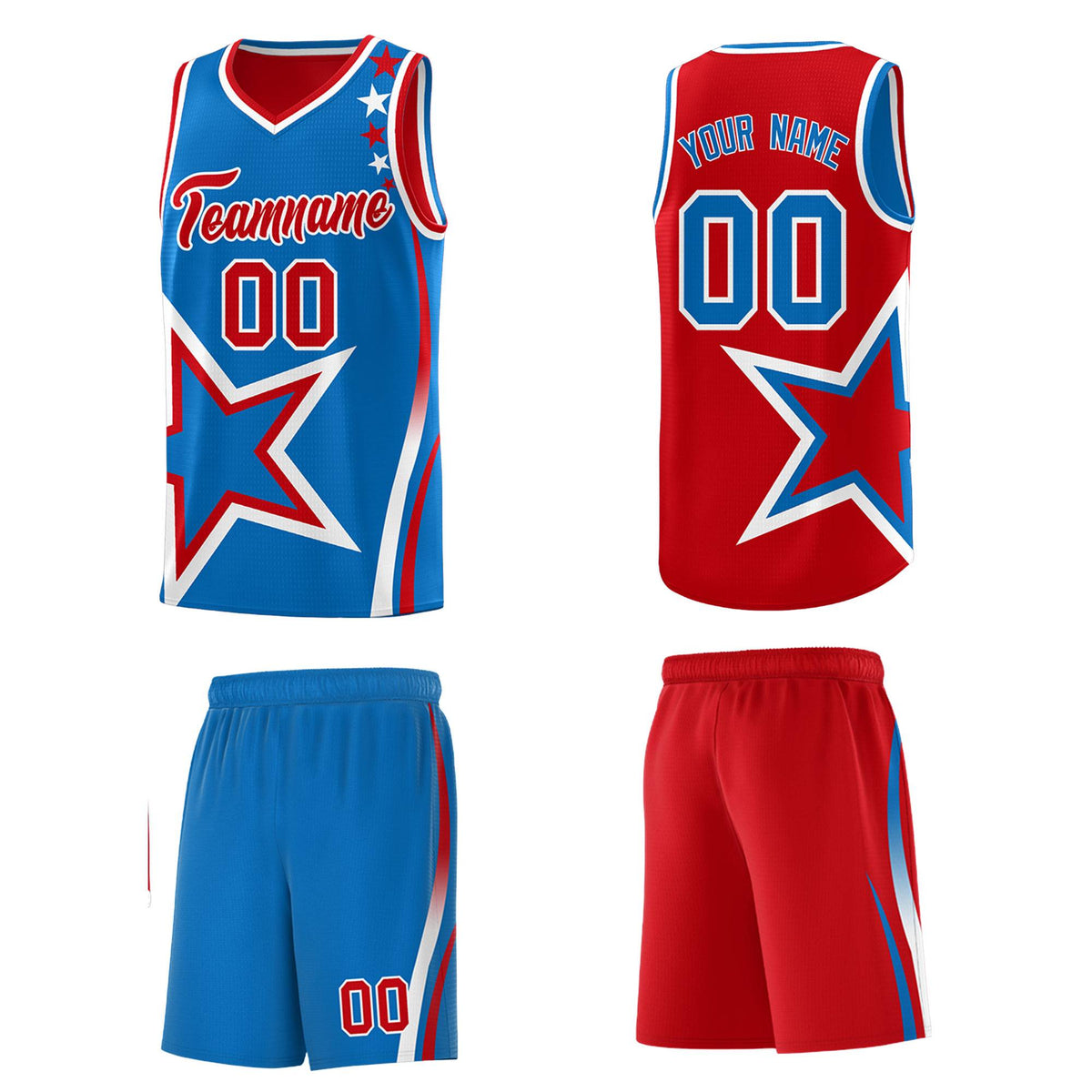 Custom Red Royal Reversible Color Block Start Pattern Sports Uniform Basketball Jersey Kits